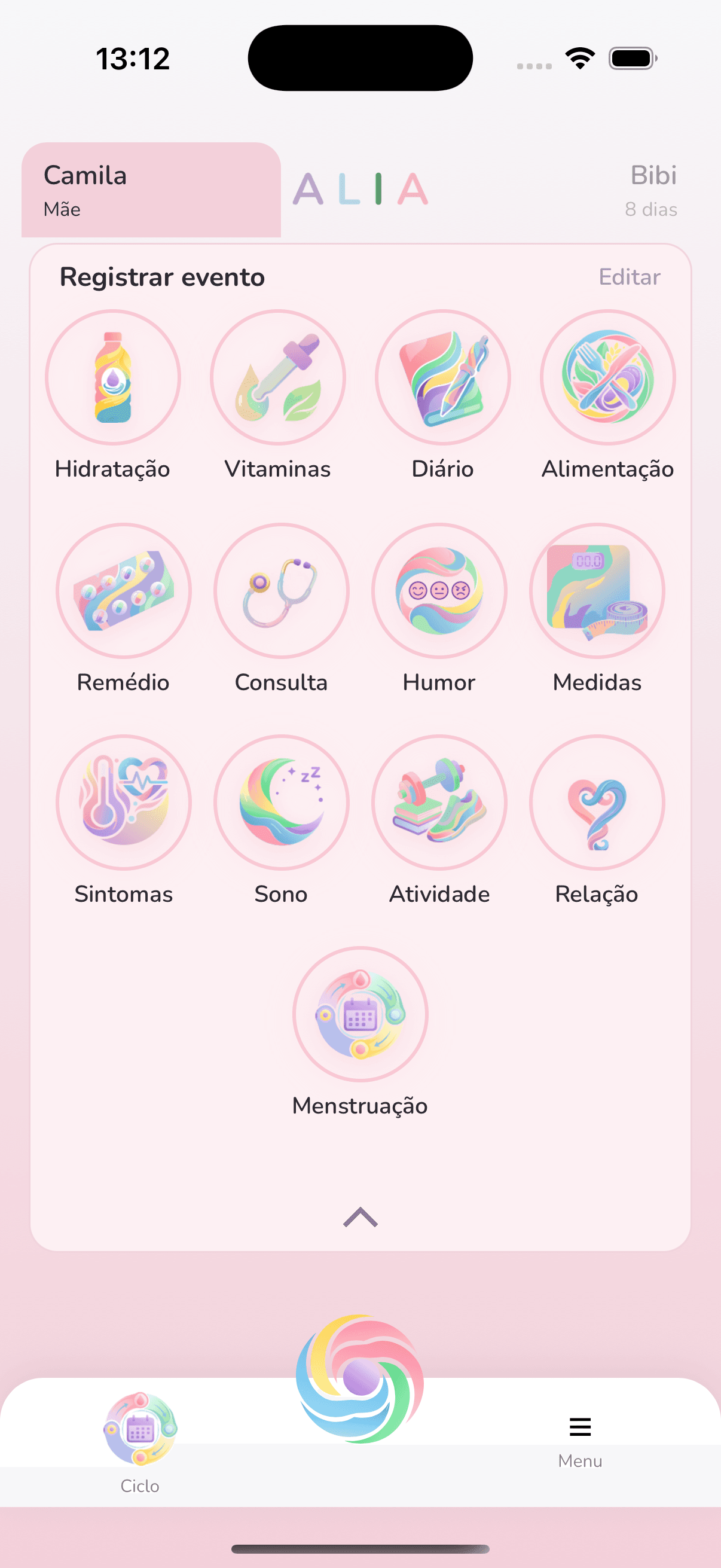 Área da mãe com eventos de saúde, humor, sono e ciclo menstrual