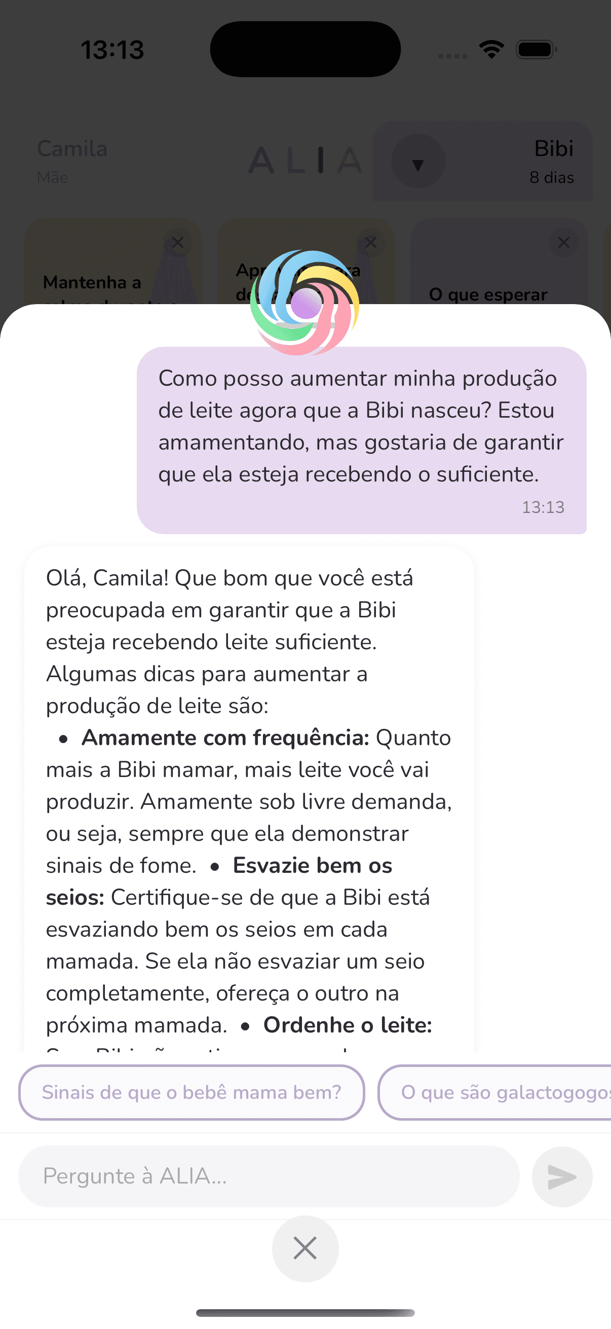 Chat ALIA respondendo dúvidas sobre amamentação