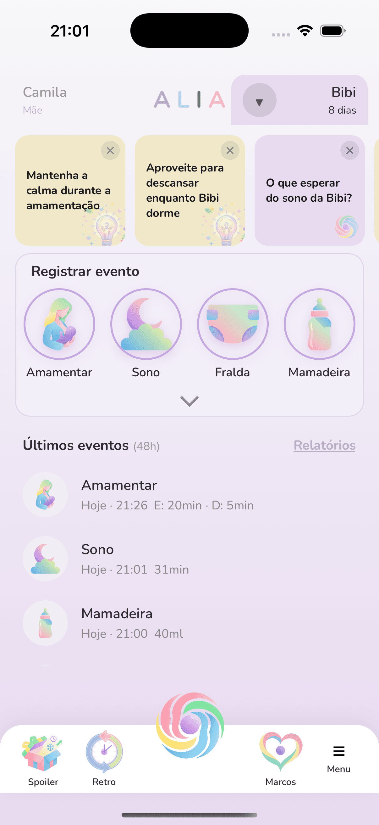 Home do bebê com dicas, eventos e timeline